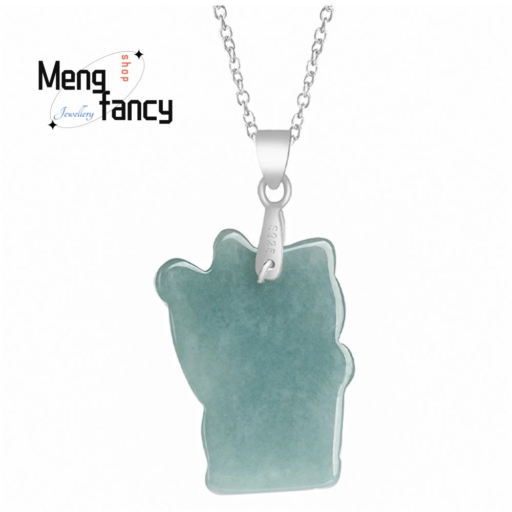 Natural A-goods Jadeite Blue Water Fortune Cat Jade Pendant S925 Silver Inlay Exquisite Cute Mascot Best Selling Fashion Jewelry