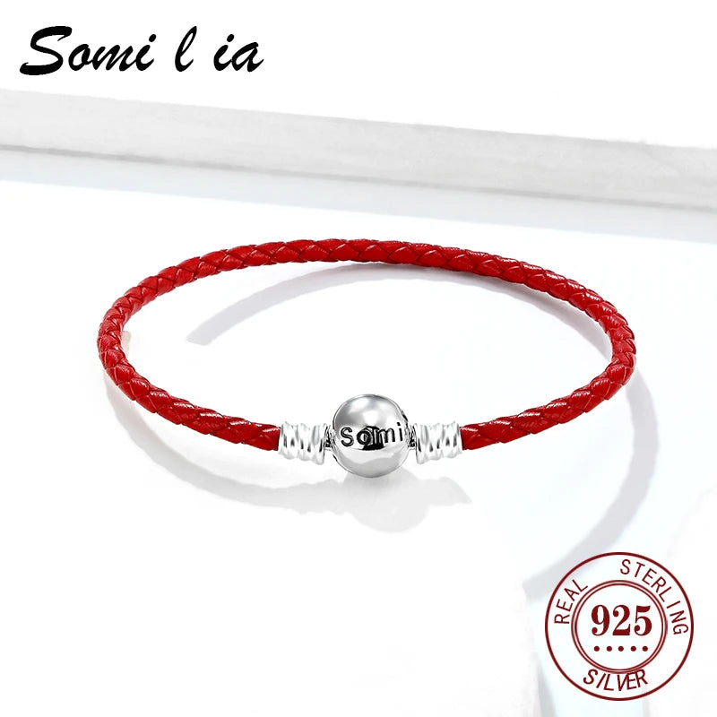 Somi lia- Genuine Ladies Classic Red Natural cowhide Bracelet For Women S925 Fit European Style Charm And Bead,Fashion Jewelry,