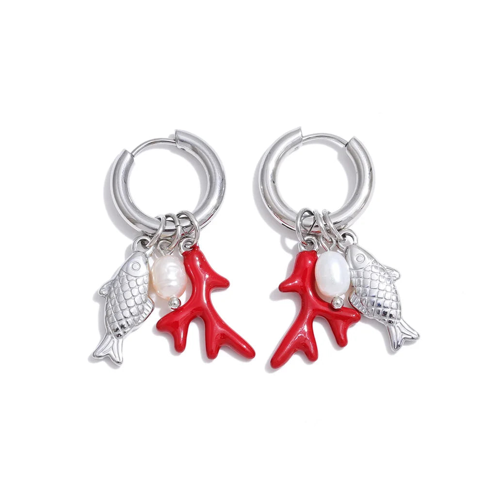 Yhpup Ocean Style Stainless Steel Natural Pearl Fish Drop Charm Earrings Summer Handmade Arrivals Ear 2026 Jewelry PVD Plated