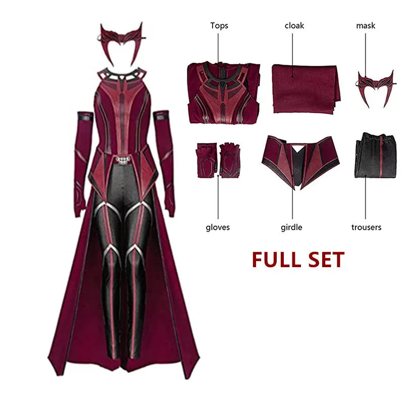 Scarlet Cosplay Witch Maximoff Wanda Vision Cosplay Costume Headwear Cloak and Pants Full Set Outfit Halloween Accessories Props