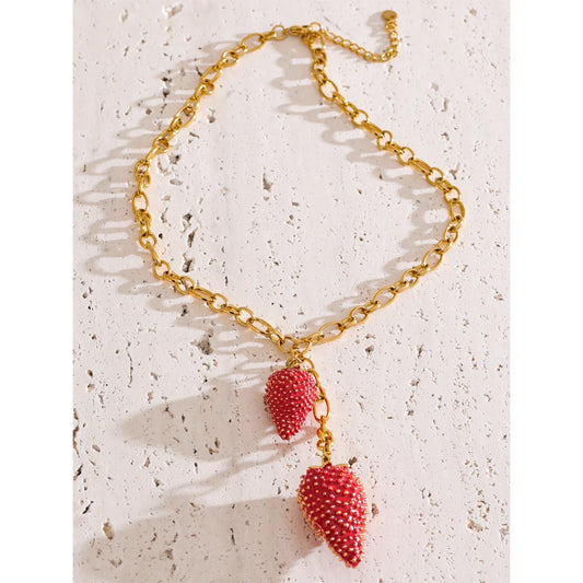 Yhpup Waterproof Sweet Red Lovey Strawberry Charms Pendant Necklace for Women Stainless Steel New Arrivals Trend Jewelry 2025