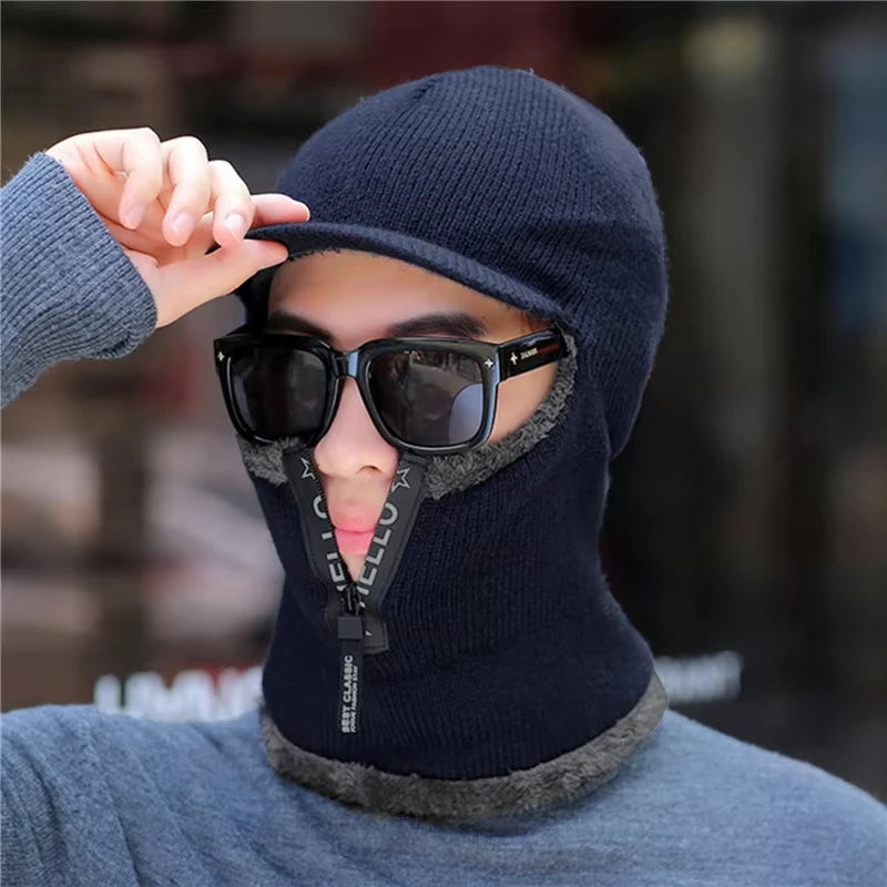 New Men Winter Warm Wool Hat Outdoor Ear Protection Hats Warm Thick Bicycle Knitted Capd Scarf Windproof Visors Cap