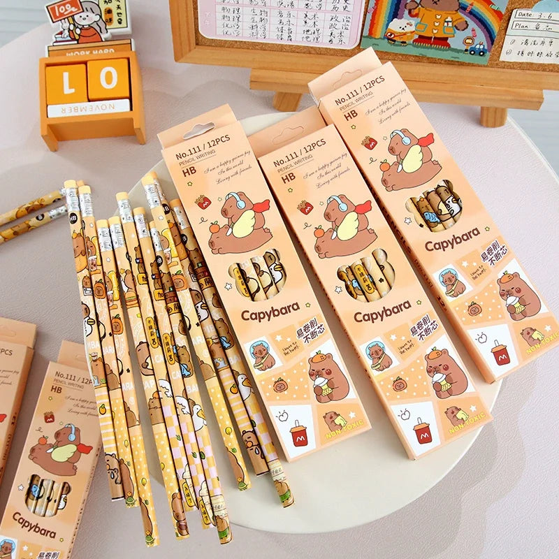 12Pcs/Pack Cartoon Animal Capybara Theme HB Writing Pencils for Kids Birthday Party Favors Back To School Rewards Goodie Bag