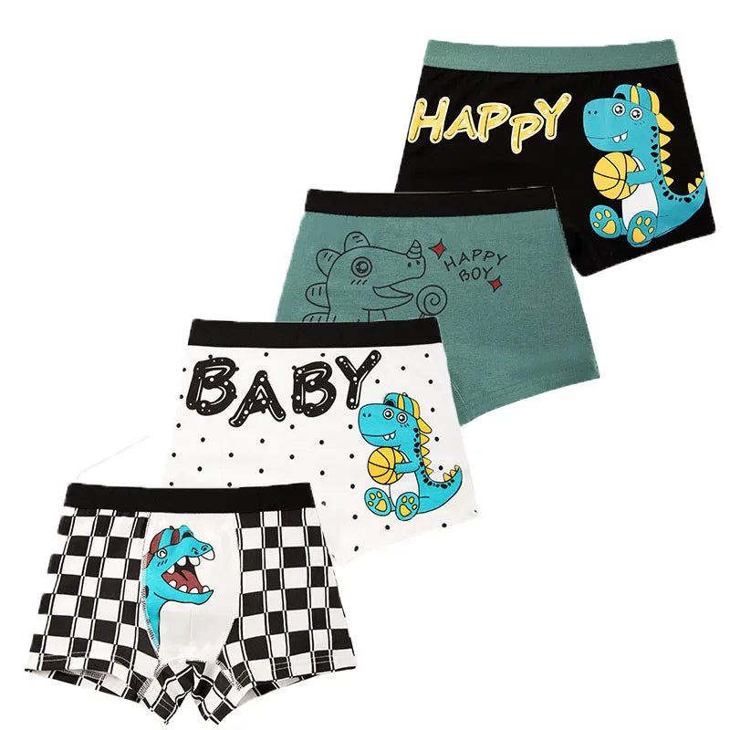 4-Pack Boy Boxer Brief High Quality Cotton Breathable Children Boxers Dinosaur Plaid Car Patterns Kids Underwear Age 3-14Years