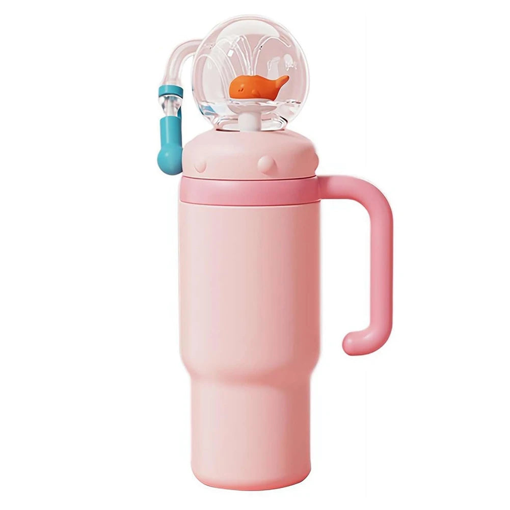 710ML Stainless Steel Whale Fountain Tumbler with Handle Leak Proof Whale Squirt Drinking Cup Water Bottle with Straw Creative G