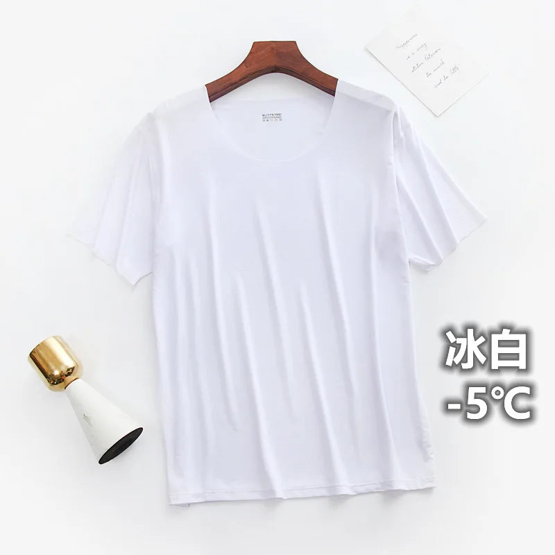 Summer Ultra-thin Sleep Tops Liquid Ice Silk Round Neck High-elastic Leisure Home Cooling Bottom Tshirts Lightweight Pajama Top