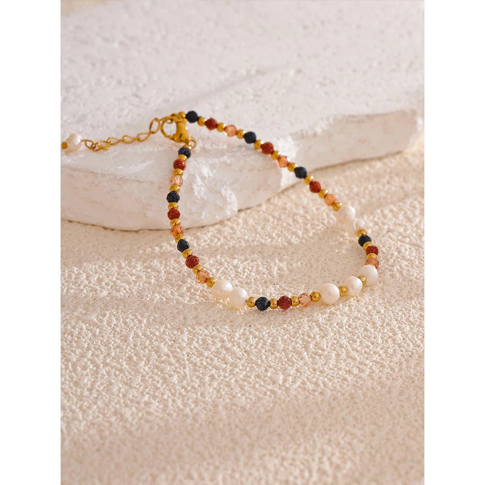 Yhpup Natural Stone Freshwater Pearl  Bead Chain Bling Bracelet Bangle Stainless Steel Handmade Fashion Waterproof Jewelry Women