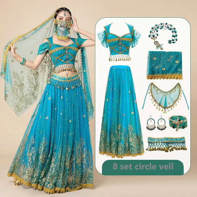 Women Festival Halloween Cosplay Belly Dance Top Dress Adult Indian Arab Jasmine Sari Fantasy Rave Bollywood Outfit Costume Suit