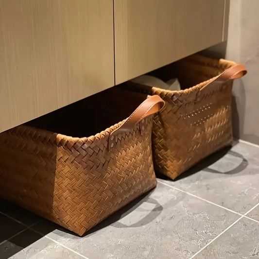2pcs Handwoven Plastic Storage Baskets with Leather Handles-Durable, Stackable Organizer for Kitchen, Bathroom, Bedroom & Dorm