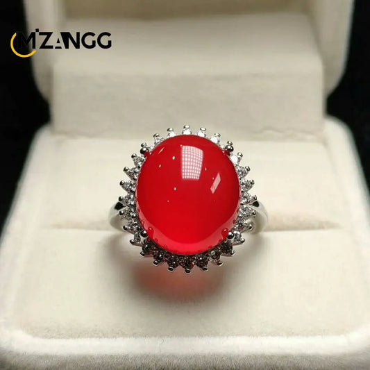 S925 Silver Inlaid Agate Ring Opening Adjustable Natural Green Chalcedony Hand-carved Ring Fashion Boutique Jewelry Women Ring