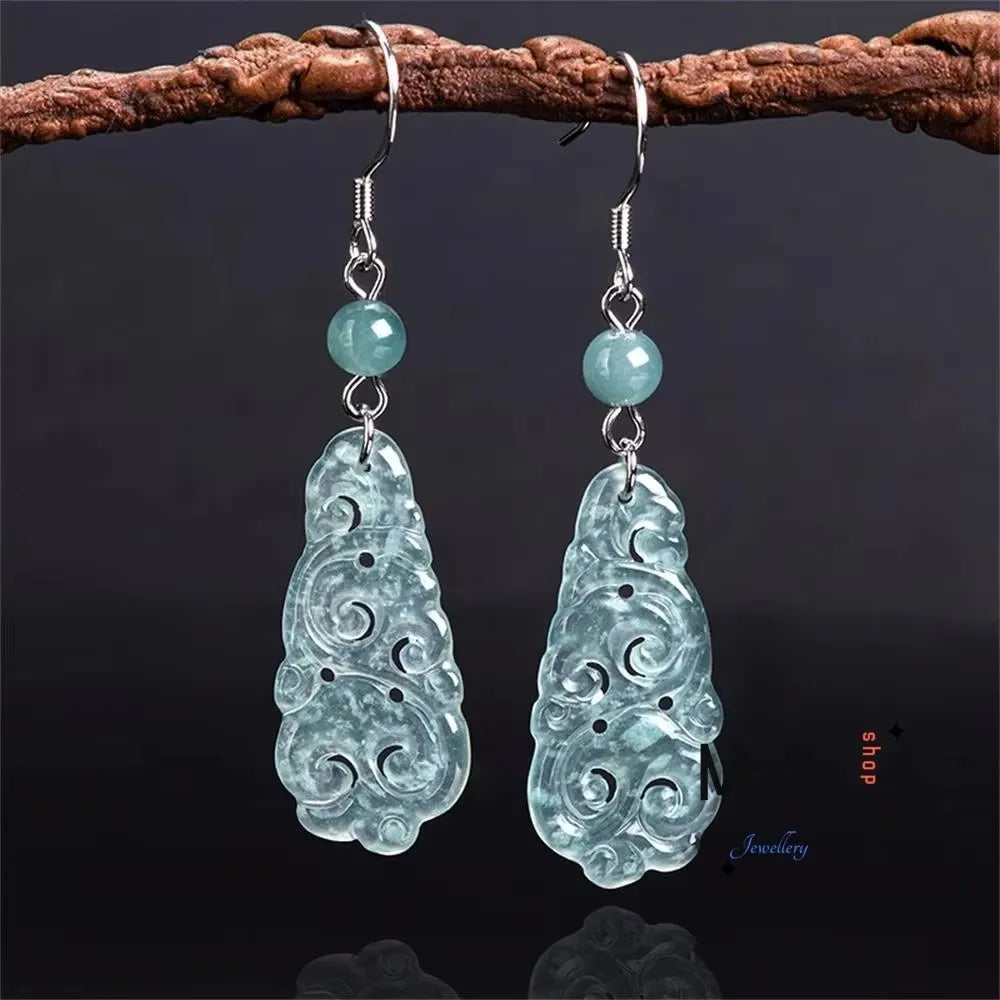 Natural A-goods Jadeite Blue Water Ruyi S925 Silver Inlaid Ice Jade Earrings Exquisite Elegant Simple High-grade Fashion Jewelry