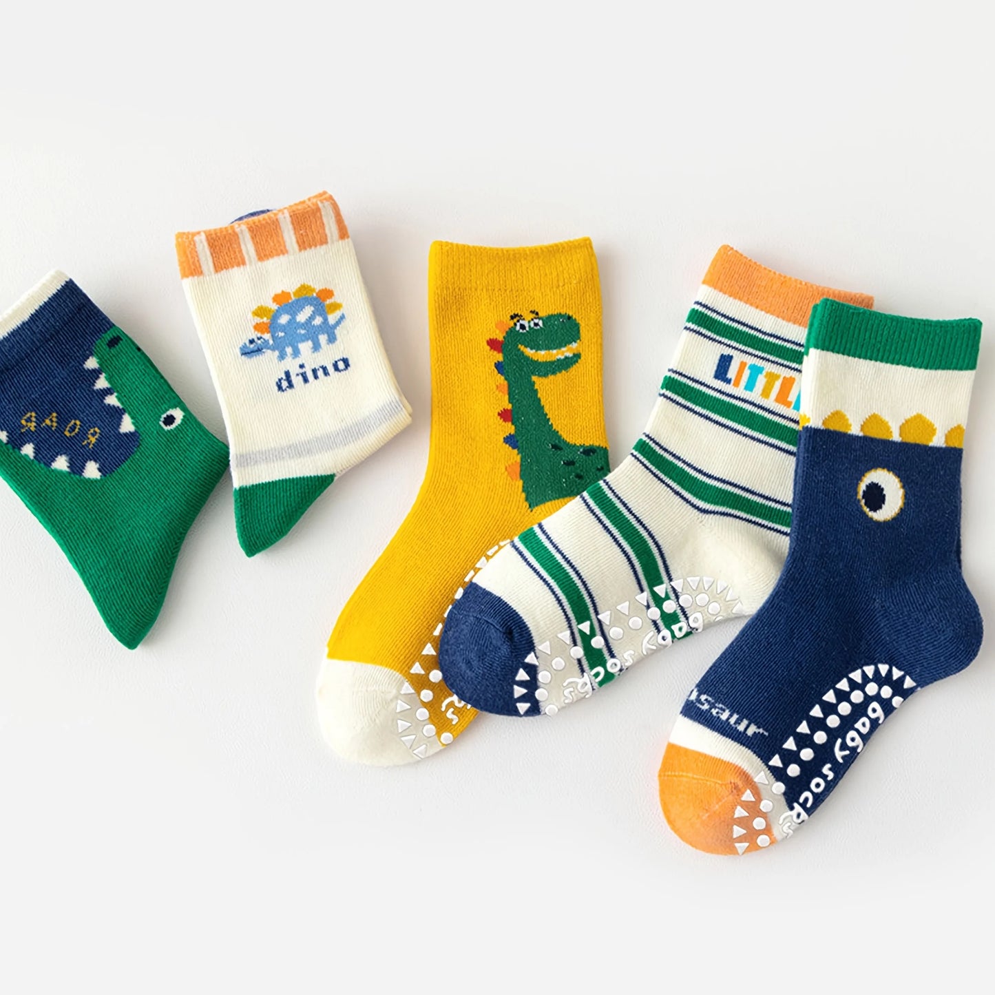 5 Pairs of Children's Floor Socks with Letter Stripes, Cartoon Big-Eyed Dinosaur Pattern, Boys and Girls Baby Toddler Soft-Soled Indoor Non-Slip Mid-Calf Socks, Suitable for Casual Daily Life