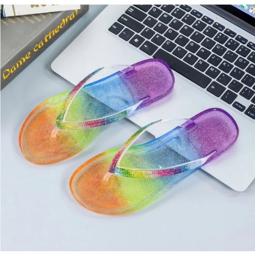 Rainbow Slippers Woman Summer Beach Sandal Outdoor Soft Non Slip Flip Flops Cloud Female Jelly Crystal Shoes Slides Outdoor