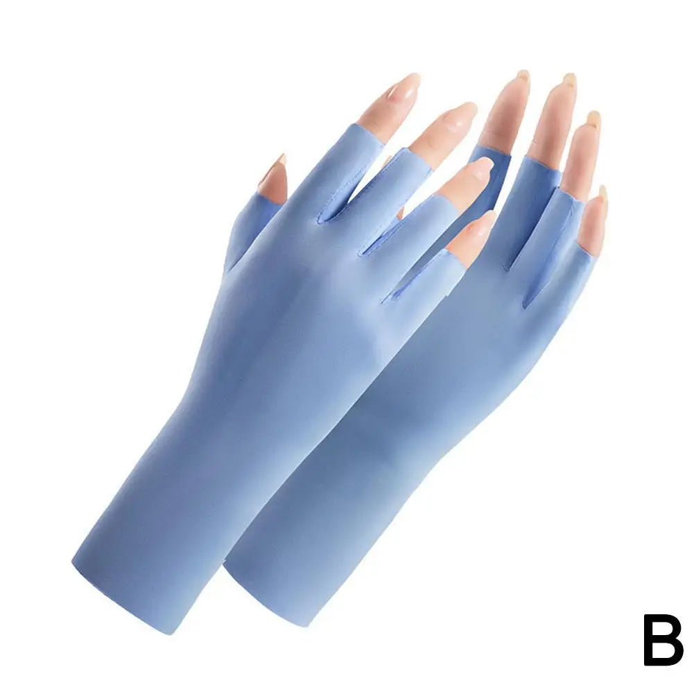 Women's Summer Ice Silk UV Protection Sunscreen Gloves Half Finger Thin Breathable Cooling Driving Gloves