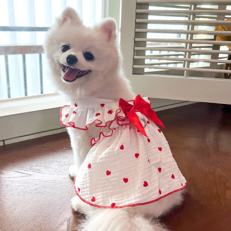 Dog Cooling Dress Summer Thin Bow Heart Print Dog Clothes Pet Skirt Kitten Puppy Costume Chihuahua Bichon Yorkie Girls Dog Vest
