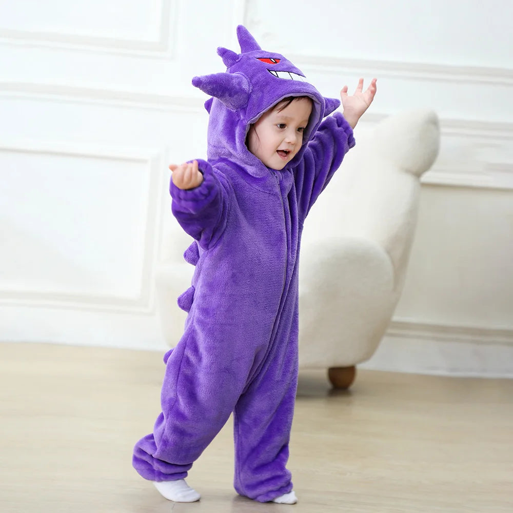 Anime Gengar Onesies Cute Funny Pajama Boys Girls Halloween Festival Party Outfit Flannel Warm Soft  Romper Purple Jumpsuit
