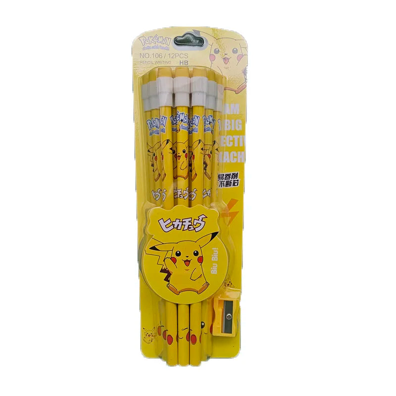 Pokemon Themed Stationery Set 12Pcs Boxed Pencils with Eraser Pencil Sharpener Anime School Office Tools Children Kawaii Gifts