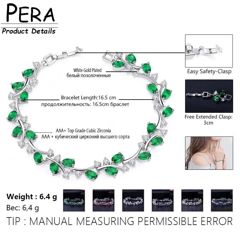 Pera Natural Royal Women Jewelry Silver Color Dark Blue CZ Crystal Leaf Chain Link Bracelets and Bangles for Party Gift B042