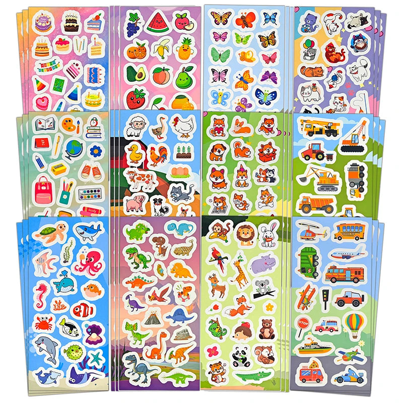 12-36 Sheets Stickers Bulk for Kids Scrapbooking Including Animals, Fruits, Dinosaurs, Cats, Fish, Cars and More, Party Favors f