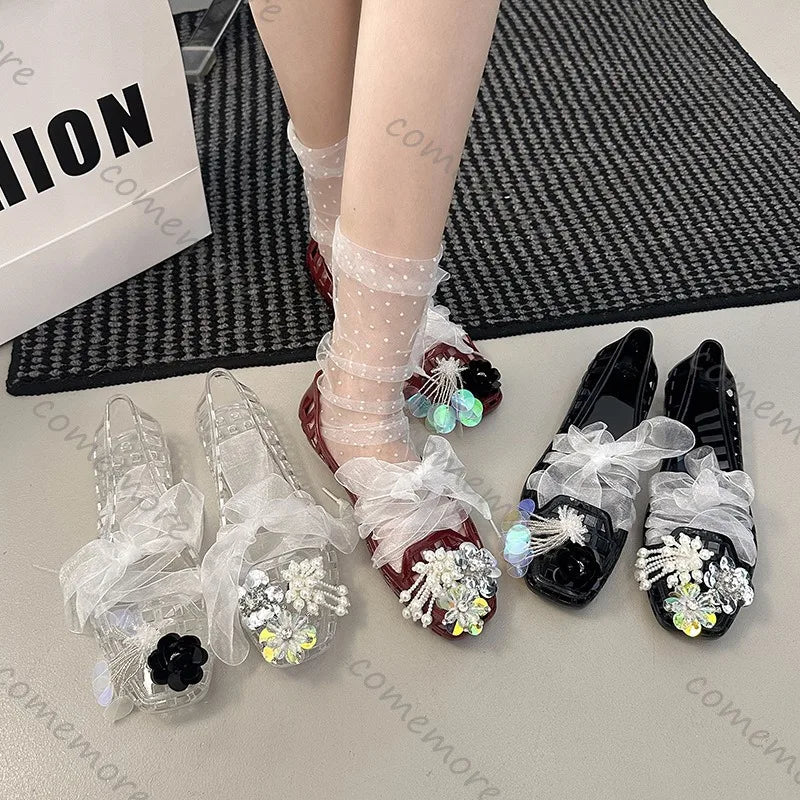 2025 Korea Style Jelly Flats Fashion Lace Band Shoes Accessories Women Loafers Hollow Square Toe Women Beach Sandals Soft Sole