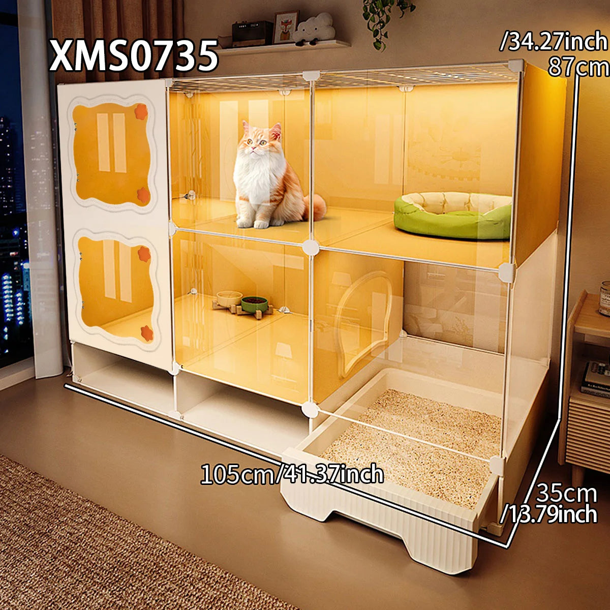 Cat Cage with Drawer-Type Litter Box, Indoor Kitten House with Toilet, Cat Cabinet with One Bedroom, One Living Room, and One Bathroom, Kitten Villa