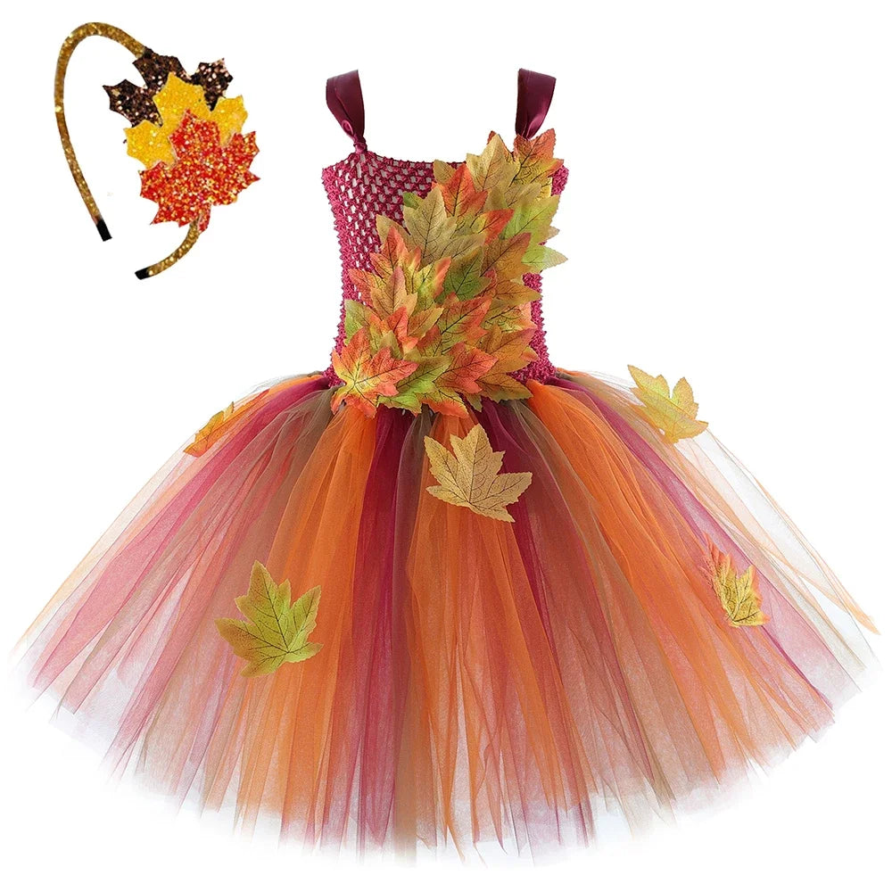 Fairy Costume for Girl Forest Woodland Autumn Fairy Tutu Dress Up Maple Leaves Halloween Thanksgiving Tulle Princess Dress 1-12T
