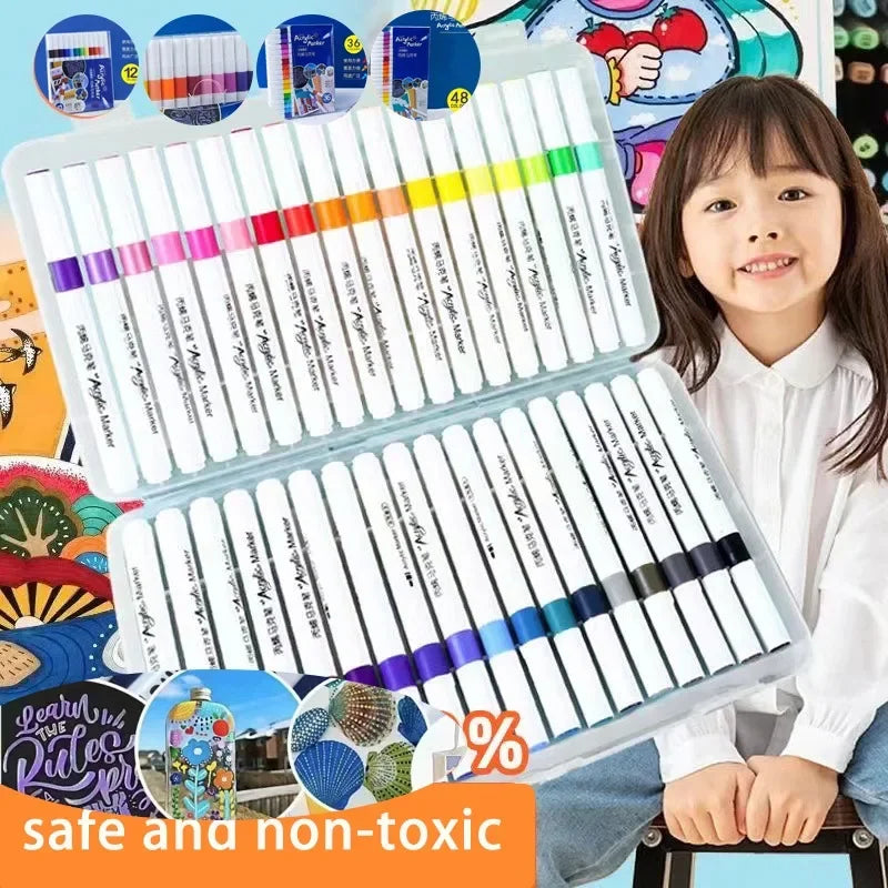 12-60Colors Acrylic Marker Pen Quick Drying PVC Box Multi-Material Materials Painting Combination Korean Stationery Art Supplies