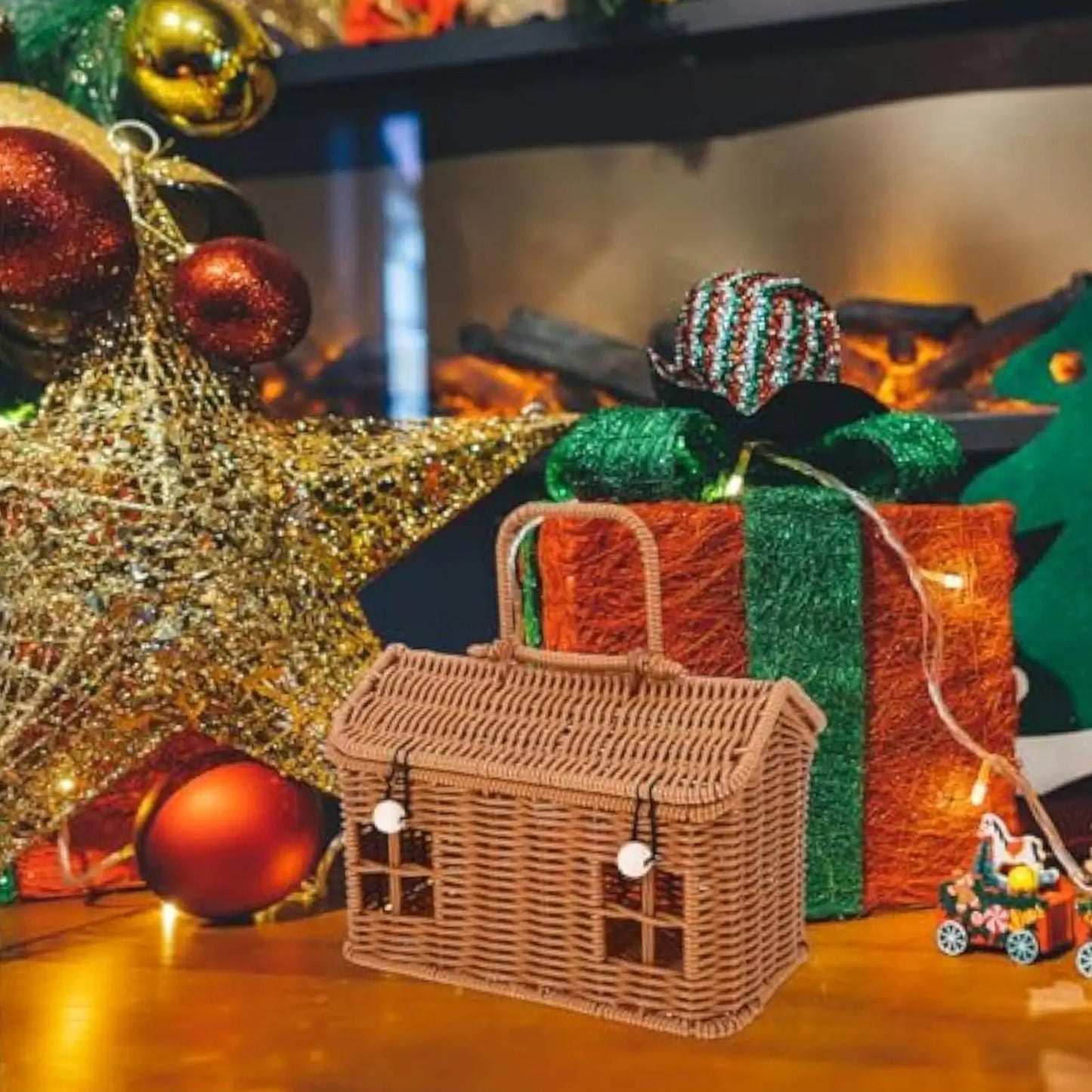 24x14x16cm Imitation Rattan House Shaped Basket With Lid Handle Decorative Hand Woven Shelf Organizer Home Decor Storage Baskets