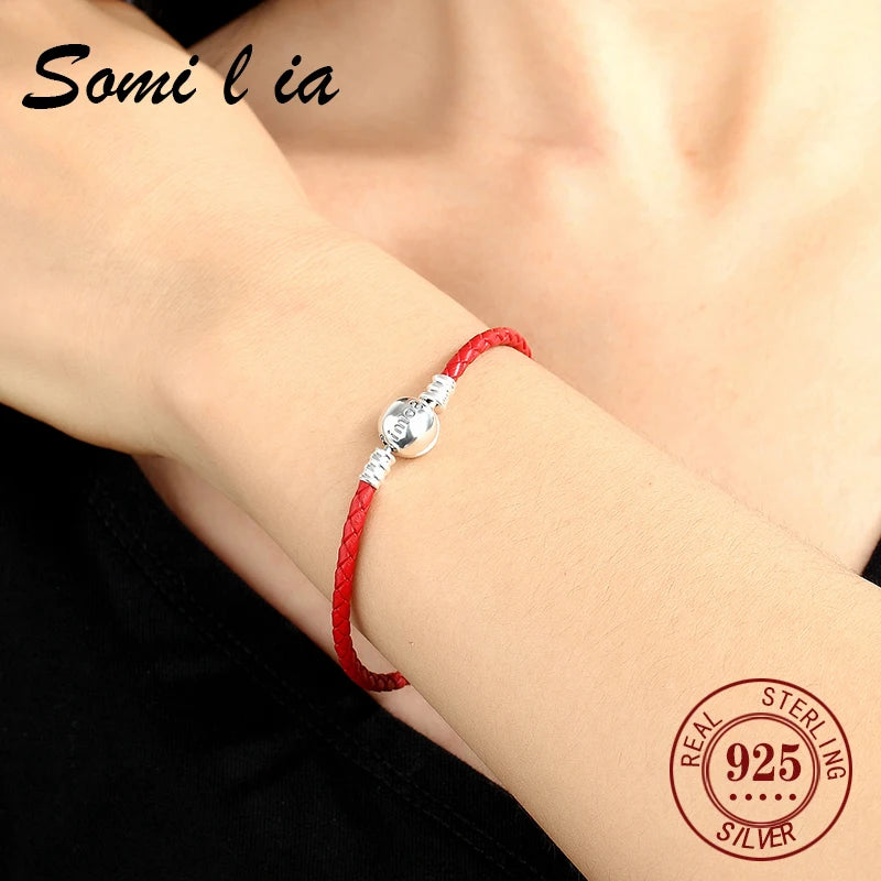 Somi lia- Genuine Ladies Classic Red Natural cowhide Bracelet For Women S925 Fit European Style Charm And Bead,Fashion Jewelry,