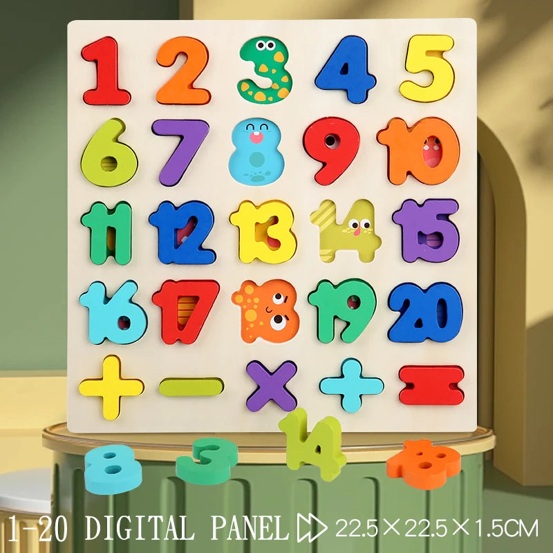 Montessori Wooden Puzzle for Children - Alphabetic Arithmetic Number Geometric Shapes Educational Game Toy for Preschool Learnin