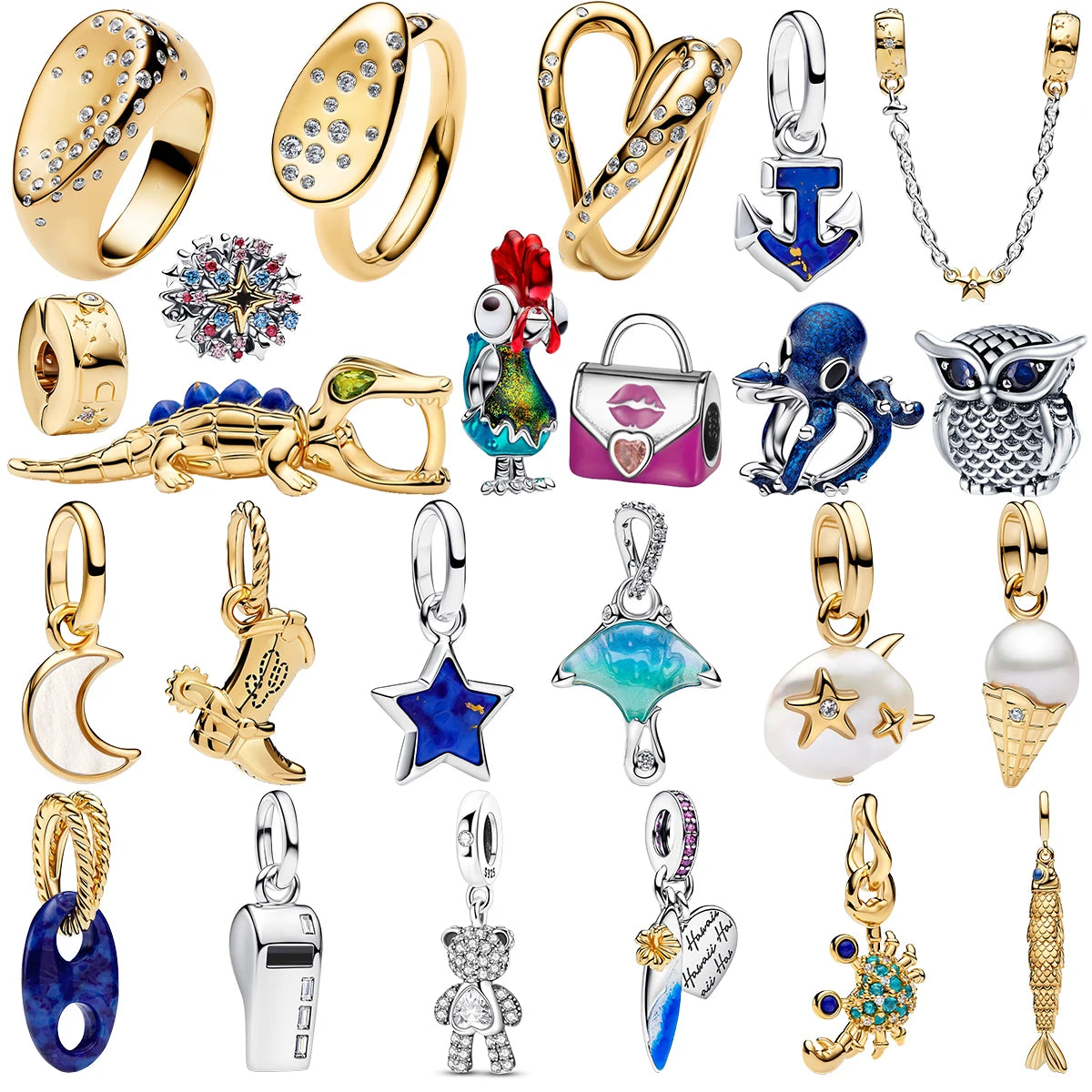 2026 S925 Silver Plated Paved Golden Ring Charm Luxury Stone Shell Nature Strength Cowboy Textured Safety Chain Fine Jewelry
