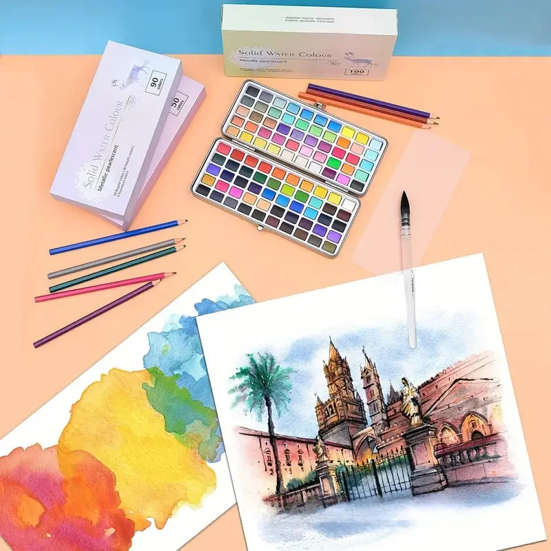 Deluxe 50/100/168-Color Watercolor Paint Set with Brushes & Pencils - Washable, Vibrant Art Supplies for Adults