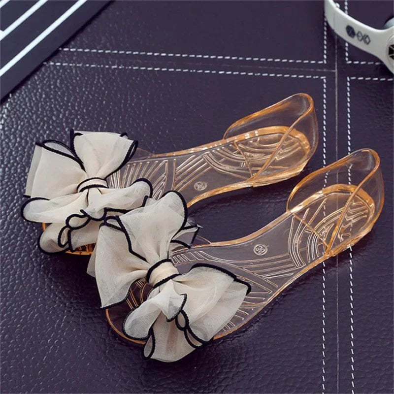 No Heel Beach Transparent Summer 2025 Jelly Sandals for Women Footwear Outdoor Bow Ladies Shoes Flat Rubber Crystal F Shoe Korea