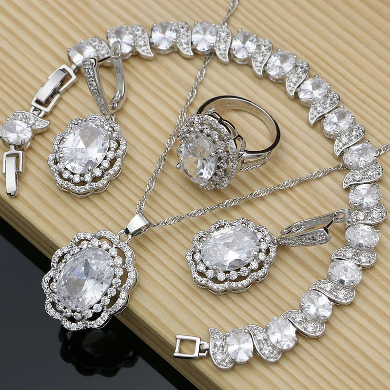 Women Silver 925 Costume Jewelry Sets Natural Black Stones Earrings Fashion Jewelry Gift for Her Party Bracelet Necklace Sets