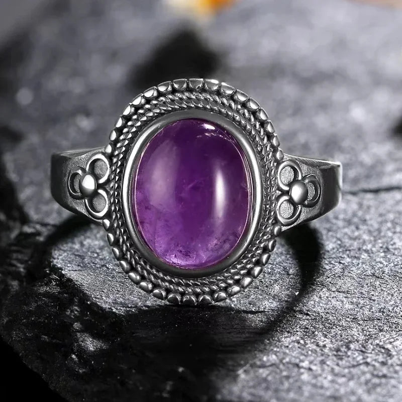 S925 Sterling Silver Vintage Ring With Natural Amethyst Two Stone Ring Waterdrop Shape Fine Jewelry Gifts for Women