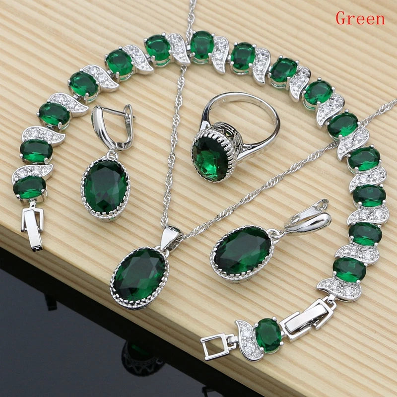 Natural 925 Silver Jewelry Red Birthstone Charm Jewelry Sets Women Earrings/Pendant/Necklace/Ring/Bracelets T055