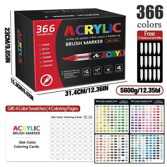 12-366 Colors Acrylic Markers Set Soft Brush Pen Tip Systems for Drawing Anime Painting DIY Stone Glass Wood Gifts Art Supplies