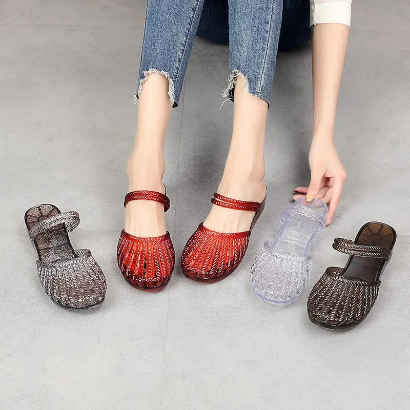 sandalias de mujer verano 2026 closed toe crystal jelly shoes two-way wear sandals for girls wedge cut-outs clogs