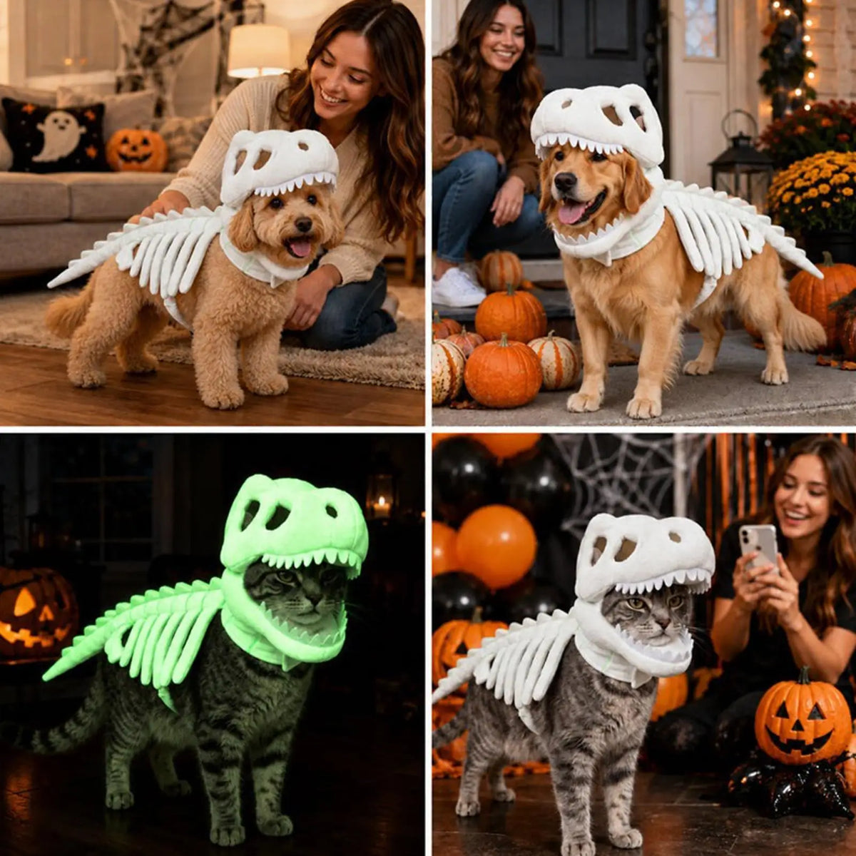 Funny Glow In Dark Dinosaur Skeleton Pet Outfit Soft Fluffy Dinosaur shaped Halloween Role Play Suit For Cats And Small Dogs