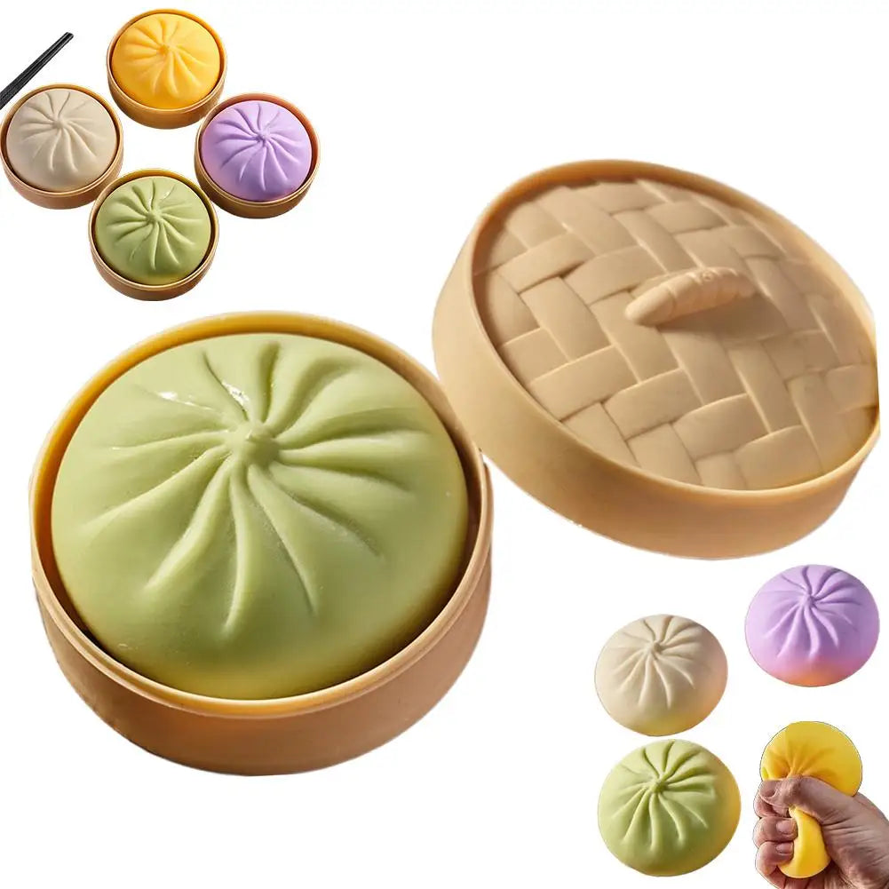 Colorful Dumpling Squishes Stress Balls Fidget Sensory Toys Simulation Food Squishies Bun with Steamer Squeeze Dough Ball Gifts