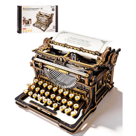 ROKR 3D Wooden Typewriter Puzzle – Black and Gold Mechanical Model Kit, DIY Toy, Vintage Decoration, Adult Collectible Gift