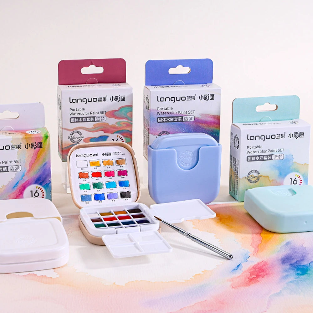 Mini Solid Watercolor Paint Set – 16 Colors with Brush & Palette for Travel