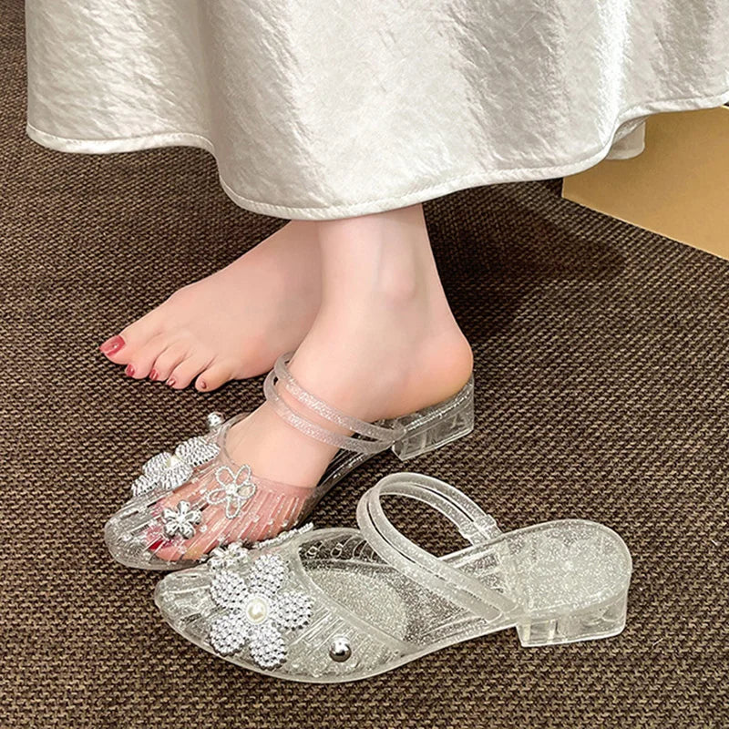 Luxury Rhinestore Flower Pvc Gladiator Sandals Women Summer 2026 Korean Style Crystal Jelly Shoes Lady Thick Heel Mules Slippers