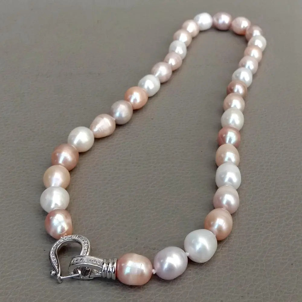 YYGEM natural Freshwater Pearl Pink Purple White Rice Pearl Choker Necklace cz pave clasp  For Women Girl Jewelry Gift