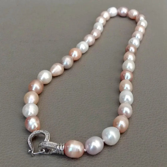 YYGEM natural Freshwater Pearl Pink Purple White Rice Pearl Choker Necklace cz pave clasp  For Women Girl Jewelry Gift