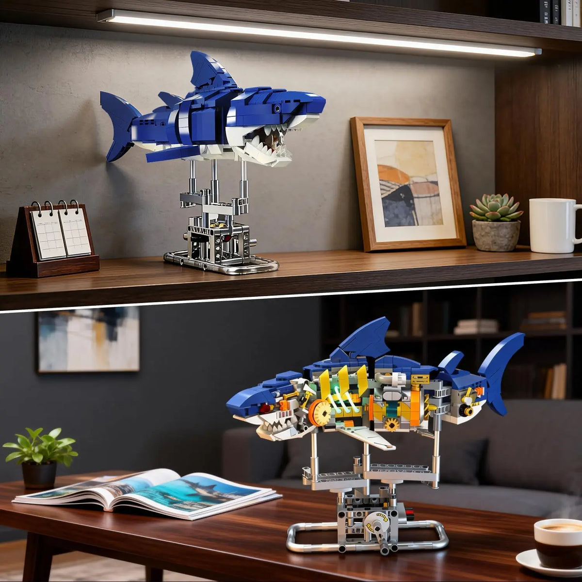 Mechanical Shark Building Set STEM Toy with LED Light  Interactive Shark Building Block with Crank Mechanism, 687 PCS Sea Animal Toy Birthday Christmas Gift for Adults Teens