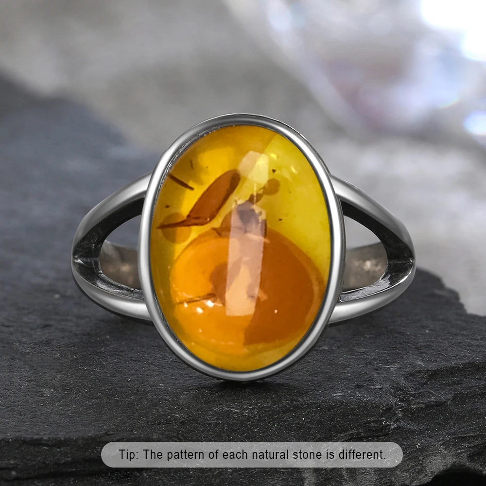 S925 Sterling Silver Ring With Natural Amber Stone Flower Shape Oval Petal Amber Stone Gifts Fine Jewelry For Women