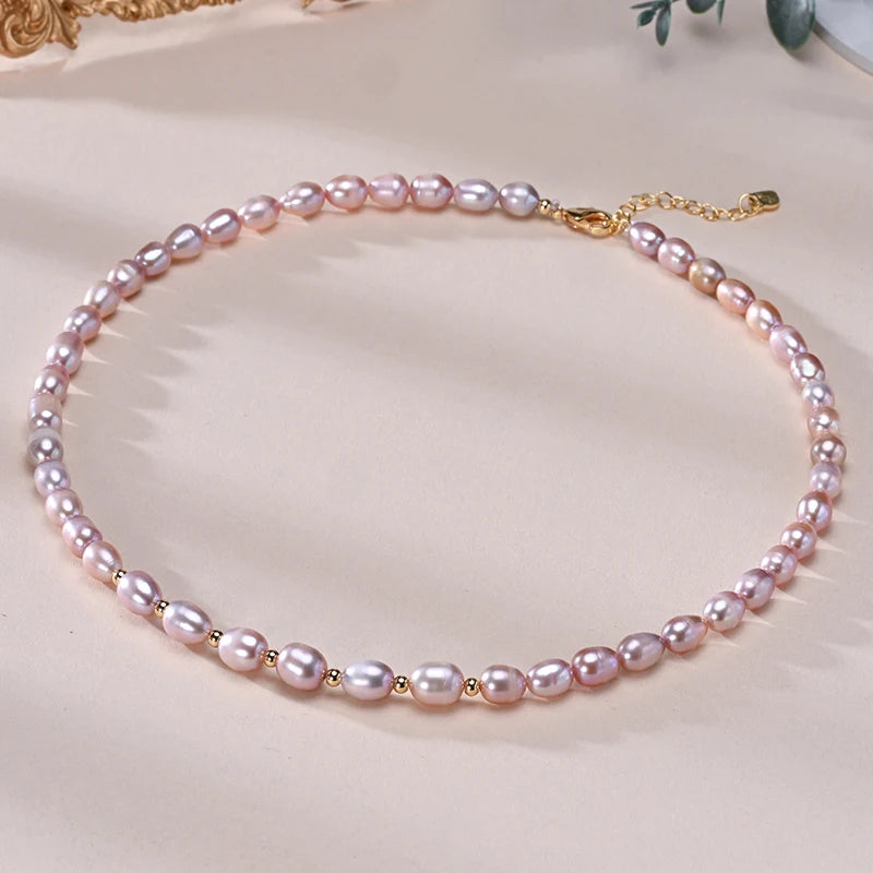 Natural Freshwater Pearls Rice Shape Multicolored Necklace Golden Beads S925 Sterling Silver Chain Fine Jewelry Gifts for Women