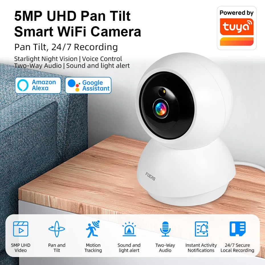 Fuers 5MP WiFi Camera Works With Tuya Smart Home Indoor Wireless IP Surveillance Camera Automatic Tracking Security Baby Monitor