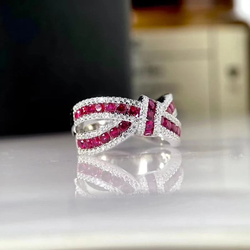 Luomansi Natural Ruby Bow Gemstone Ring S925 Sterling Silver Romantic Woman Anniversary Party High Jewelry